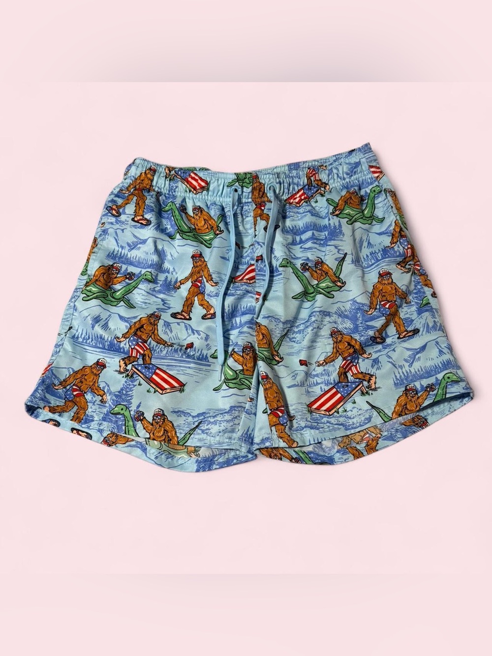 Men's Light Blue Novelty Swim Trunks with Summer Print
